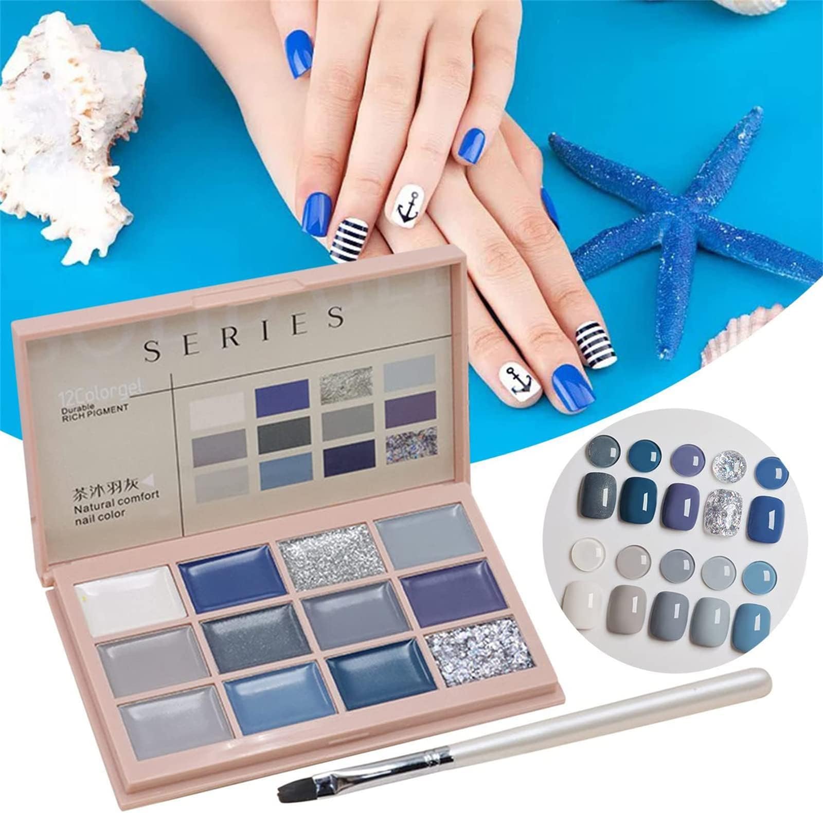 Solid Gel Nail Polish Kit-12 Colors Gentle Nail Salon Set with Brush,Highly Pigmented Gel Paint Palette Nail Kit for Nail Art DIY Design Salon Manicure Kit (Grey Blue Series)