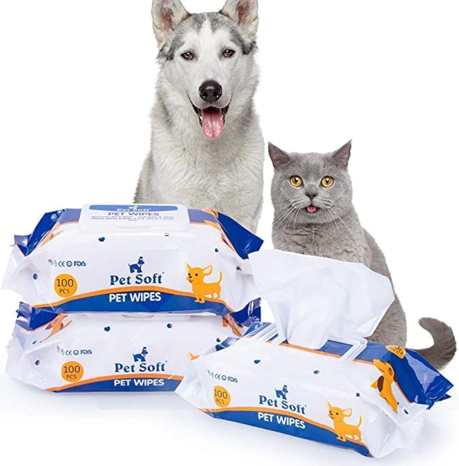 Dog Wipes Cleaning Deodorizing Grooming Wipes Hypoallergenic Puppy Paw Wipes for Doggie Cat Face Body Bult Eye Extra Thick Strong Soft Alcohol Free 8X6 INCH (1 bag=100 pieces)