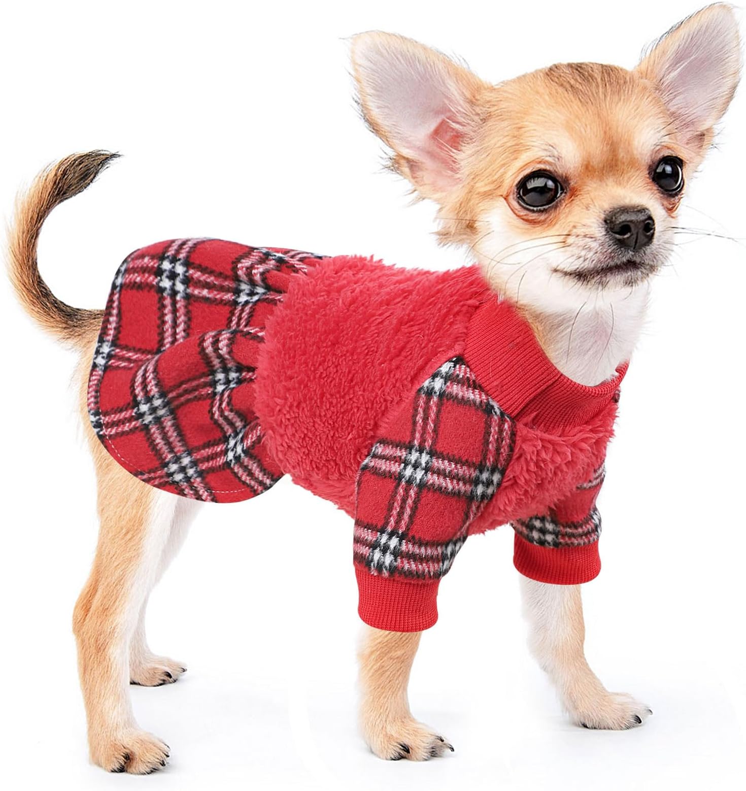 Dog Sweater Dresses for Small Dogs Girl Boy, Plaid Dog Clothes Outfit, Winter Warm Fleece Princess Plaid Dresses, Pet Festival Outfits Apparel Clothing, Small, Red, S