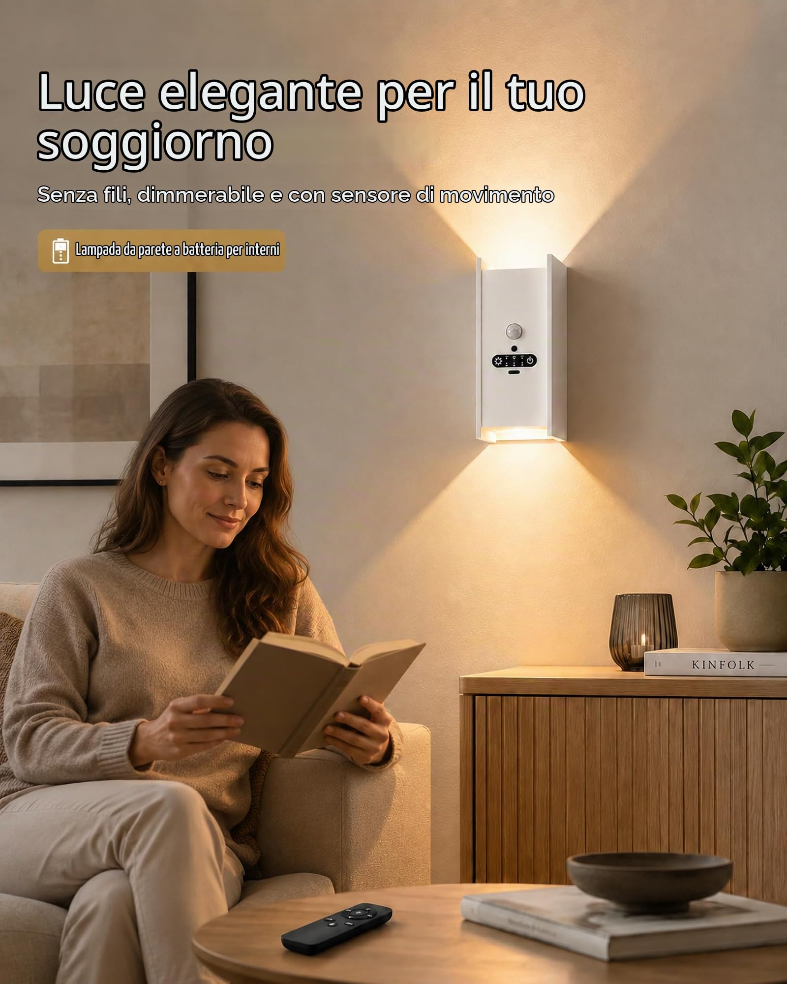 ACMHNC Lampada da Parete Senza Fili, Applique Ricaricabile da parete interno con Sensore di Movimento, 5W LED lampade senza corrente, Bianco Caldo, per Cameretta, Scale, Corridoio, Bianco
