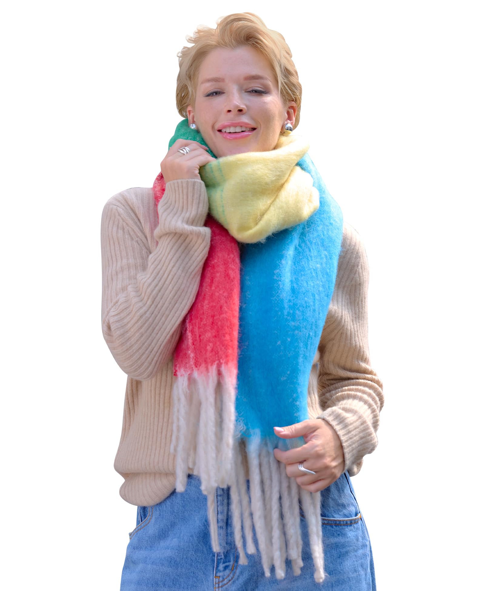 Style Slice Women's Rainbow Stripes Blanket Scarves Winter Warm Tartan Plaid Rainbow