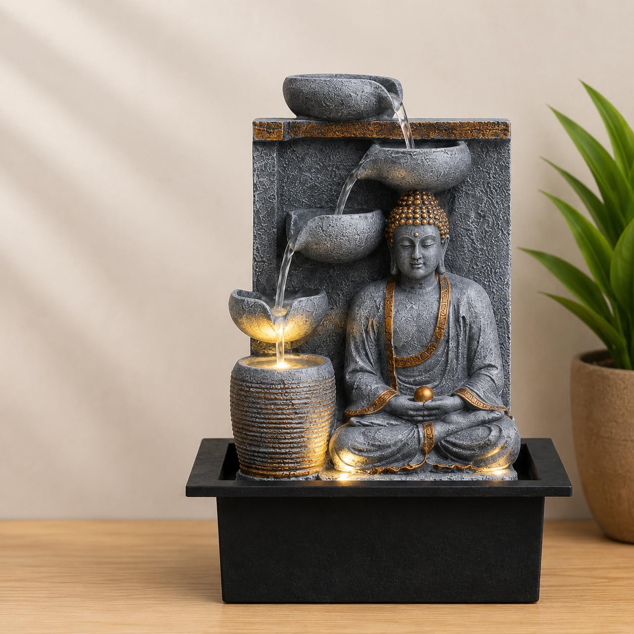 Indoor Buddha Water Fountain with LED Light & Speed Controller 18 inch | Home Decor, Meditation Use, Pooja Room Decor, 4-Tier Bowl Design, Pebble Base-image-32