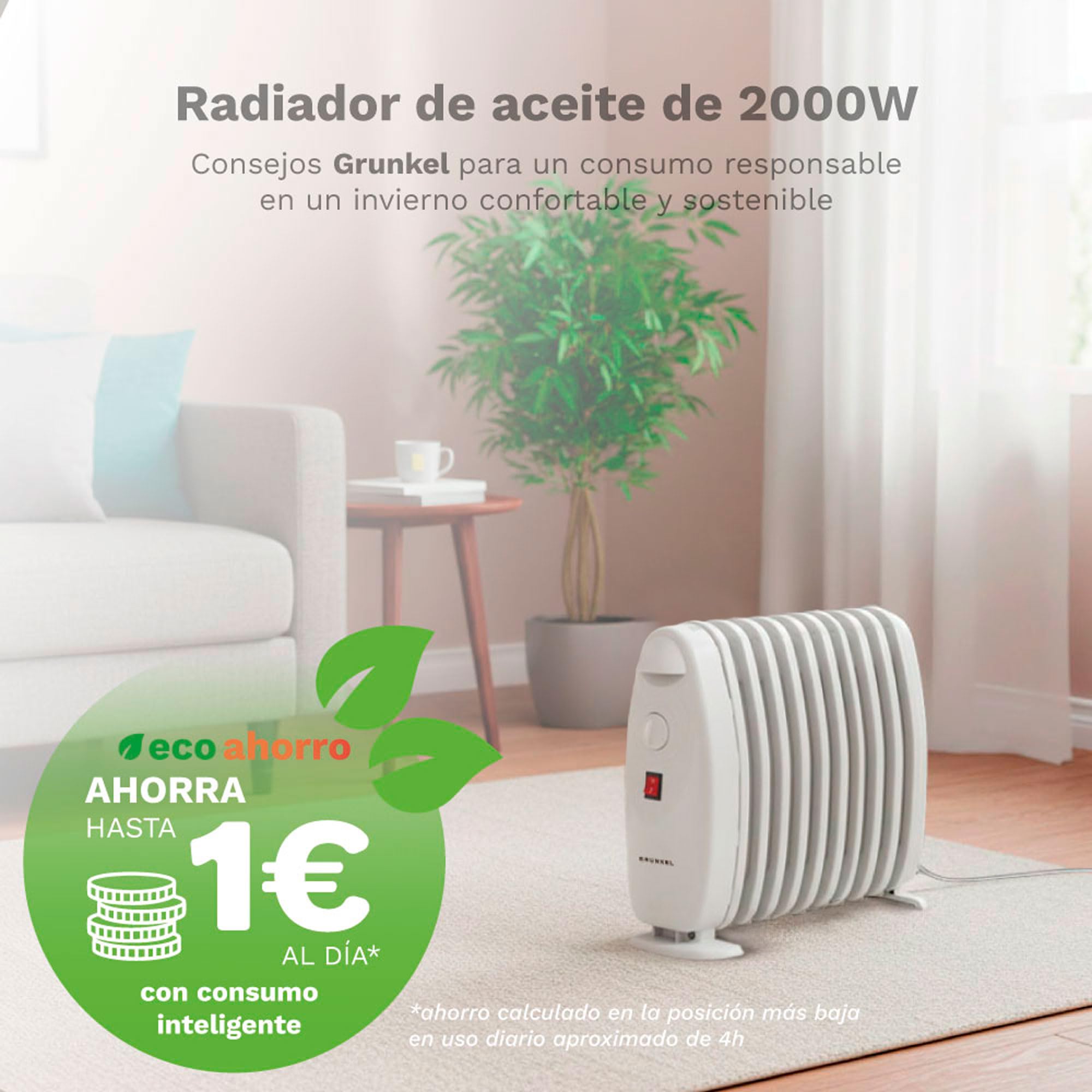 Grunkel - Radiador de Aceite de 7 elementos 800W RACP-80D Emisor de calor de bajo consumo 3 niveles de calor regulables, termostato y sistema de protección sobrecalentamiento.