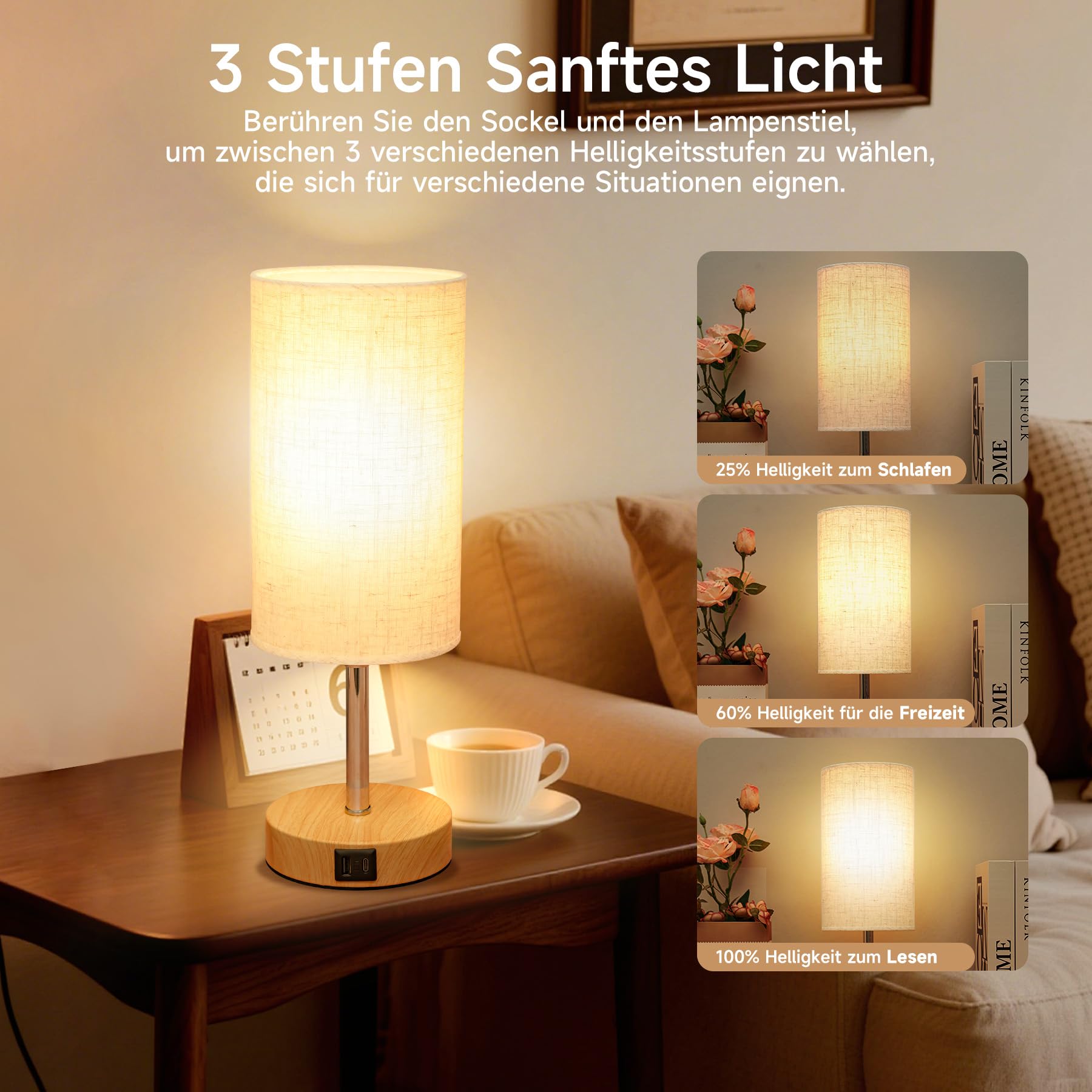 Görvitor Lampada da comodino Touch dimmerabile, set da 2 pezzi, lampada da tavolo con porte di ricarica USB-A/C, paralume in lino e 3 livelli di luminosità, lampada da comodino con cavo per camera da