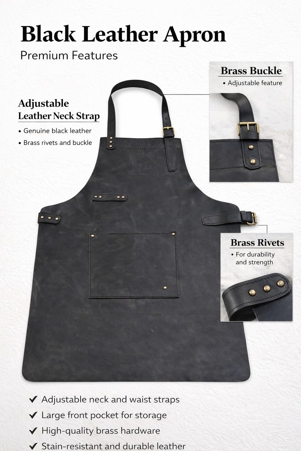 Exquisito delantal de cuero hecho a mano en la India, regalo para entusiastas de la cocina, artesanía de calidad del chef (1 bolsillo, negro), Negro -, 33" x 23" inches