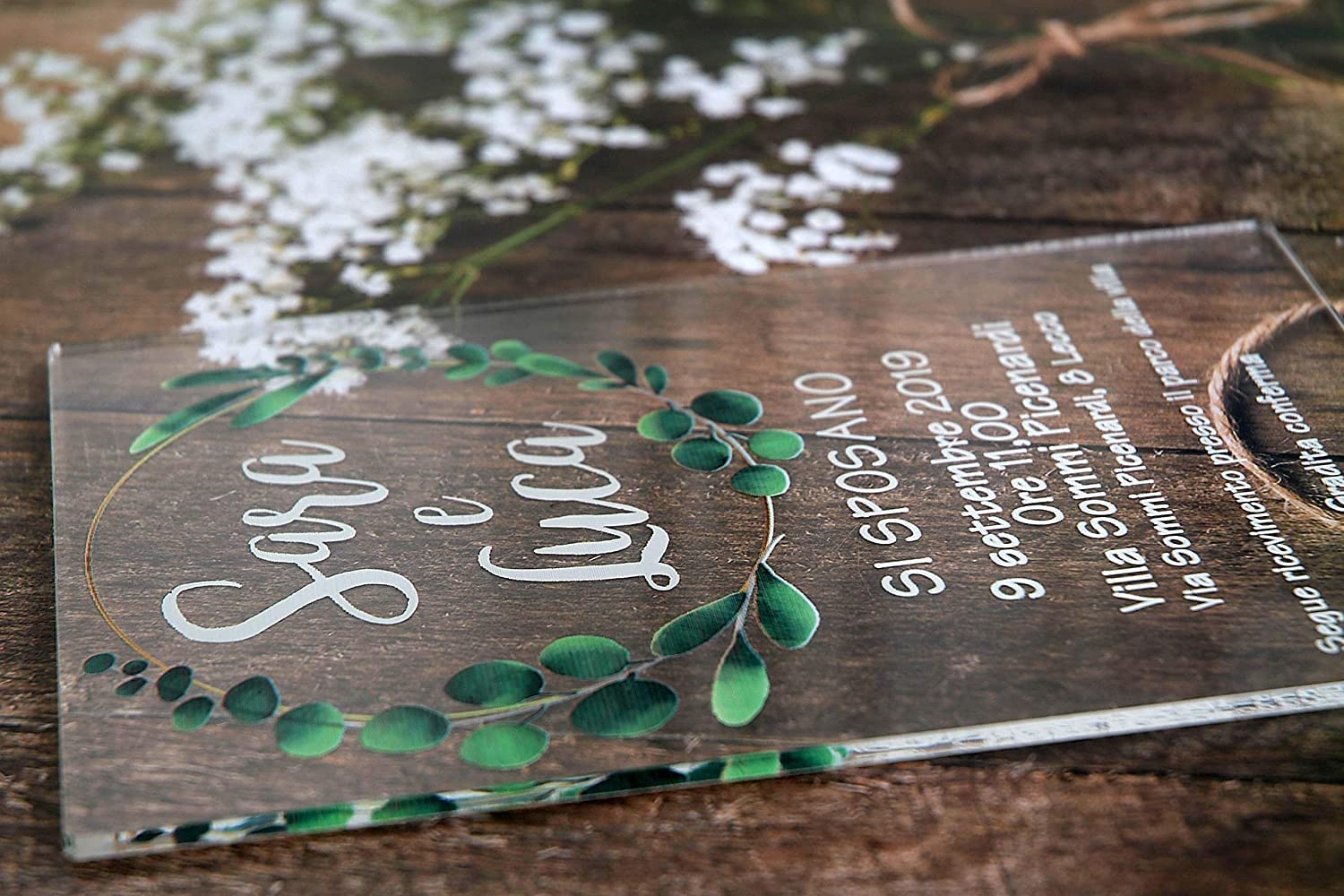 Partecipazioni Matrimonio In Plexiglass Personalizzate - 18x12 Cm - Design Foglie Verdi - Con Stampa Alta Risoluzione - Foto 3