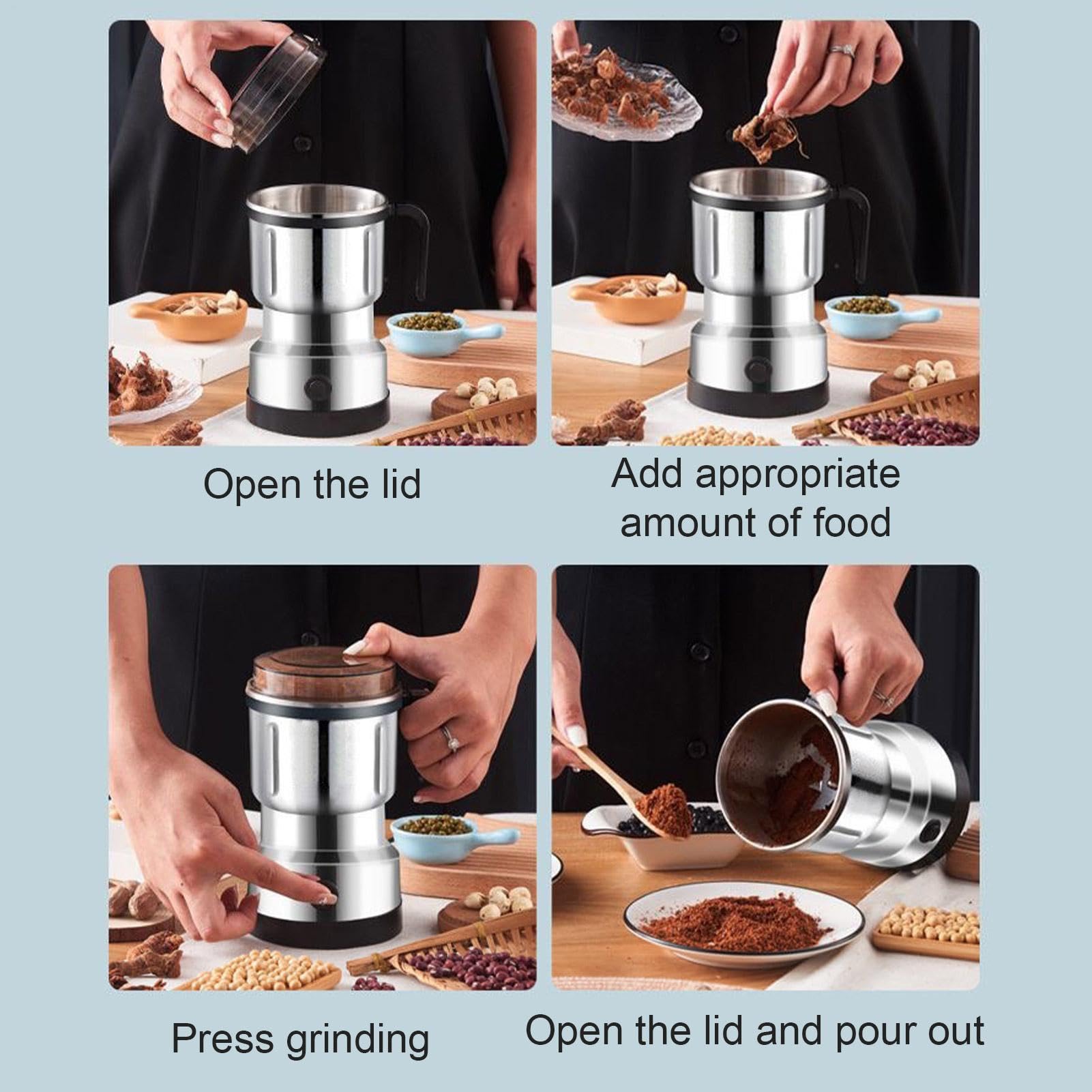 Macinacaffè elettrico – Mini macinacaffè portatile in acciaio inossidabile | tritatutto per cereali di grande capacità, macinino fine per caffè, spezie, ingredienti secchi, macchina domestica pratica