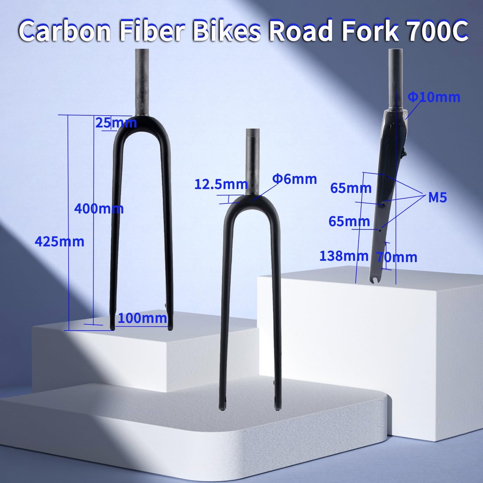 Fourche Gravel 700C en Fibre de Carbone pour vélo de Route, Rigide, Frein à Disque 28,6 mm, Tube Droit/Conique 1-1/8", axe traversant QR 100 mm, Avant pour pneus 55C