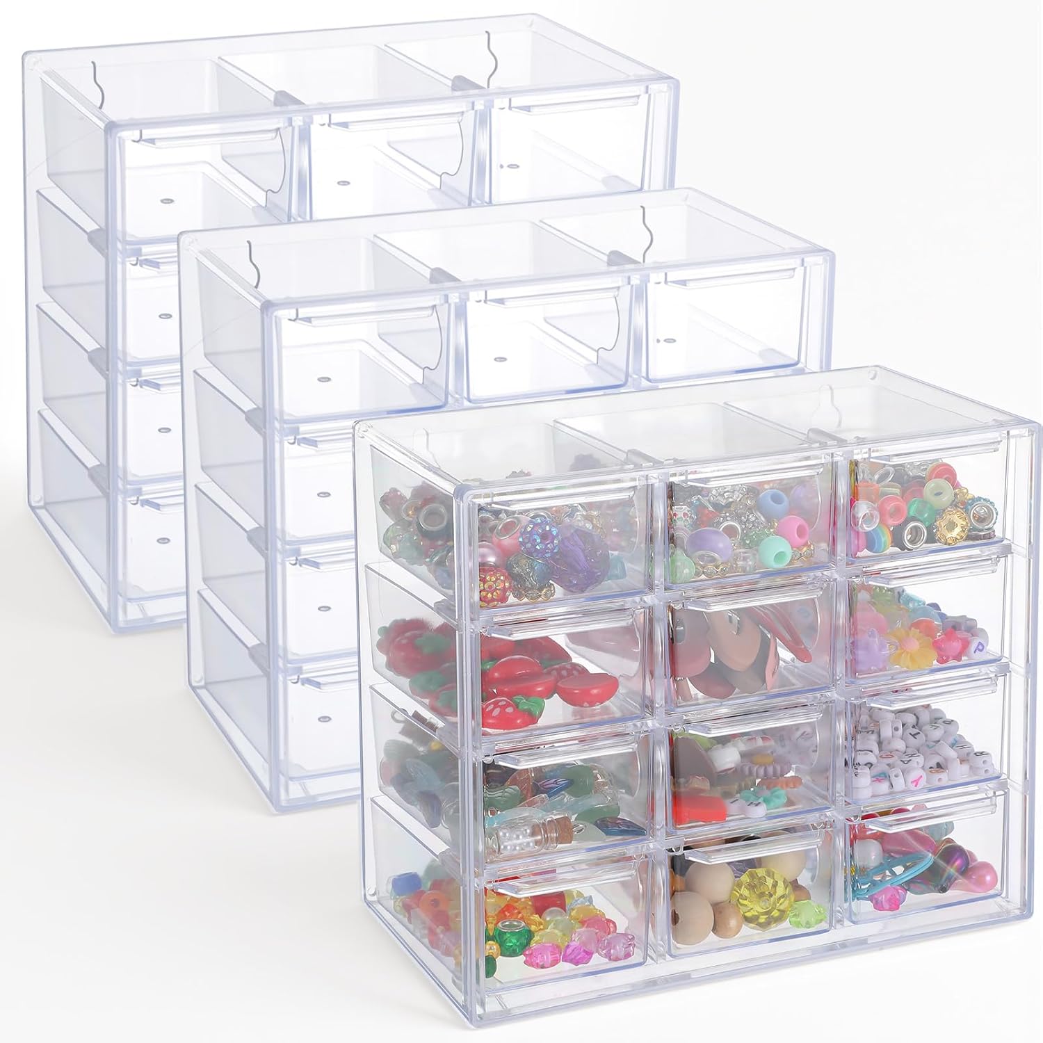 3 Pack Clear Mini Desk Organizers with 12 Removable Drawers | Stackable & Wall-Mountable Plastic Desktop Storage for Office, Crafts, Makeup, Jewelry