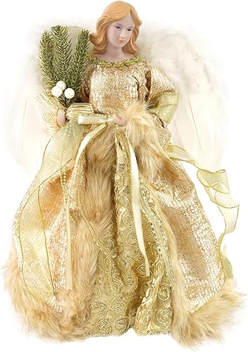 ARCCI 16 inch Christmas Angel Tree Topper, Peacock Green Angel Treetopper with Glitter Feather Wing, Xmas Flying Angel Tree Top Figurine