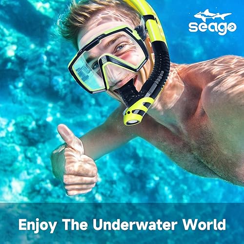 Miniatura 7 de Seago Juego de máscara de buceo de buceo en seco, vista amplia de 180, a prueba de fugas, antivaho, ajuste cómodo para adultos