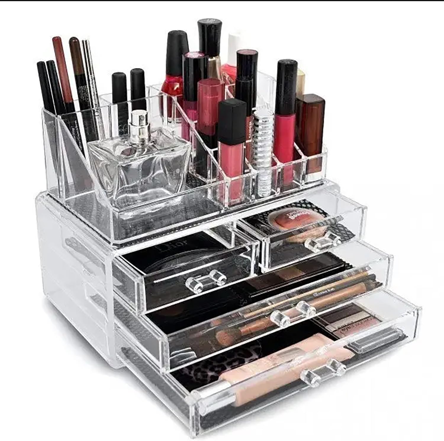 Cosmetic & Makeup Organizer Clear Stackable Organizer Storage Cosmetic Display Case with 4 Drawers and 1 Tray for Makeup Brushes, Hair Accessories, Lipstick and Nail Polish (1)