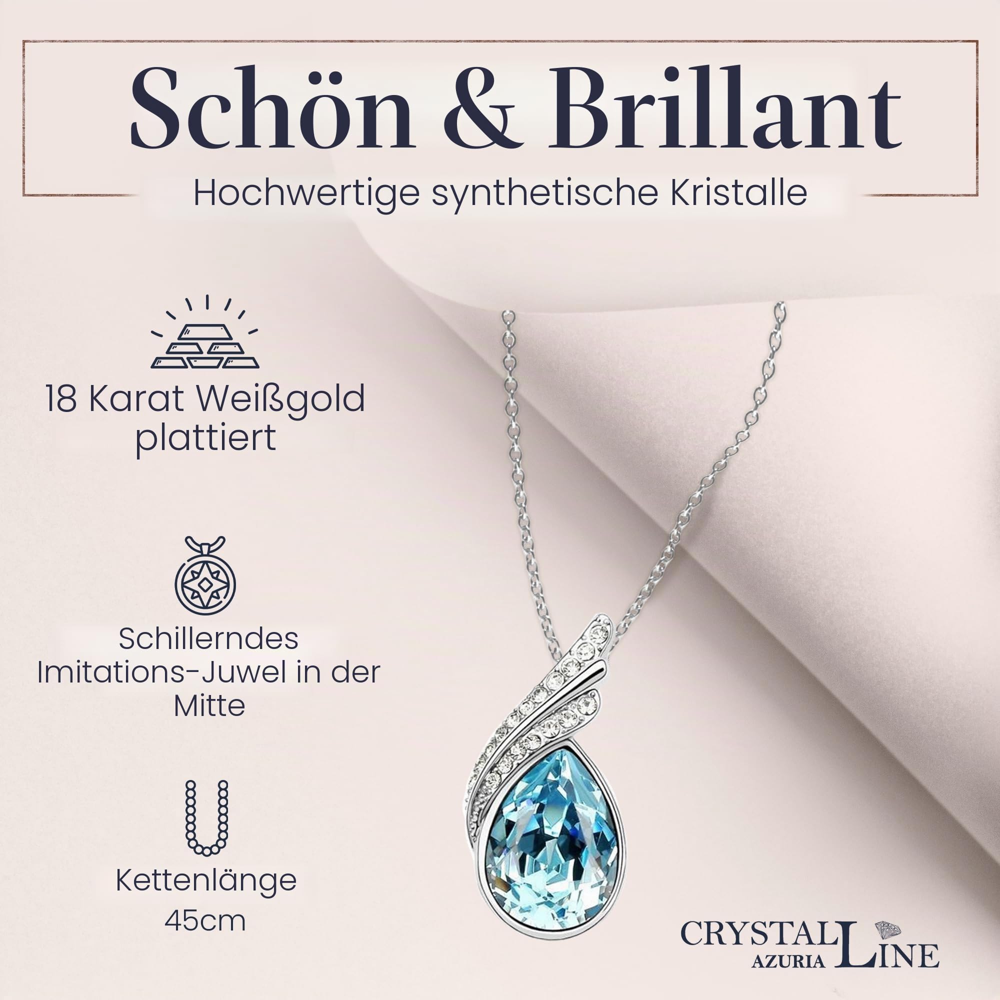 Crystalline Azuria Tropfenform Kristalle Blau Simulierter Aquamarin Schmuck-Set Halskette Anhänger 45 cm Ohrringe 18 kt Weiß Vergoldet