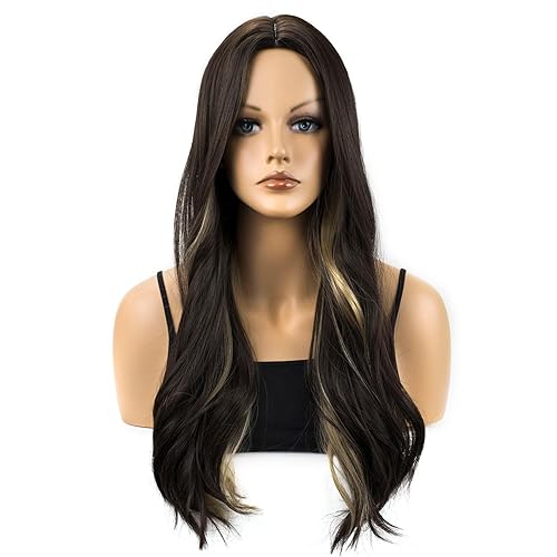 Miniatura 2 de MocNeavian Peluca larga ondulada rubia rosa para mujer, peluca sintética resistente al calor con flequillo