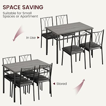 5-Piece Wood Dining Table Set for 4, Rectangular Kitchen Table Set with 4 Upholstered Chairs, Space-Saving Metal & Wood Dining Table Set for Apartment, Studio, Kitchen, Small Space, Gary