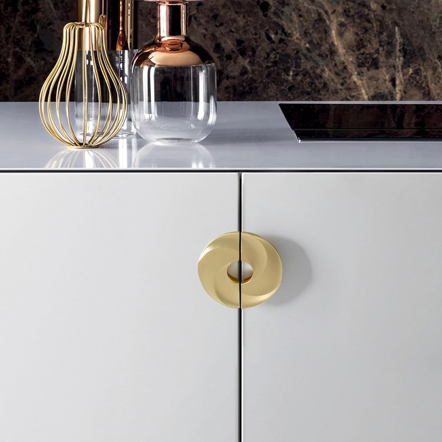 2 6-Pack 1/2" C-C Double-Hole Gold Drawer Pulls,Semicircle Kitchen Cupboard Cabinet Knobs and Handles, Brushed Gold Finish，Half Moon Furniture Hardware with Mounting Screws