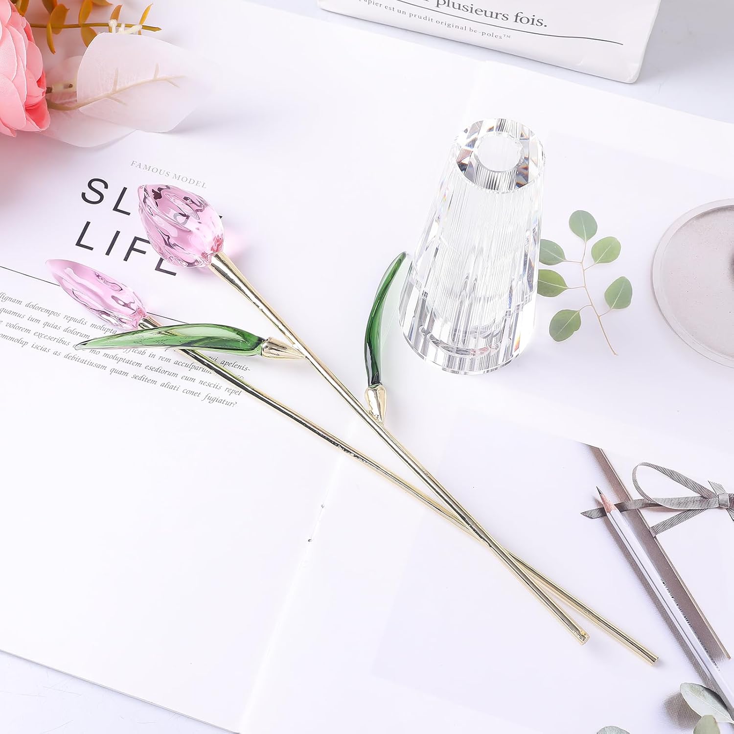 LONGWIN Crystal Tulips Flower Figurine Collectible with Vase Glass Spring Bouquet Flowers with Stem Home Decor Gift for Women Mom - Image 4