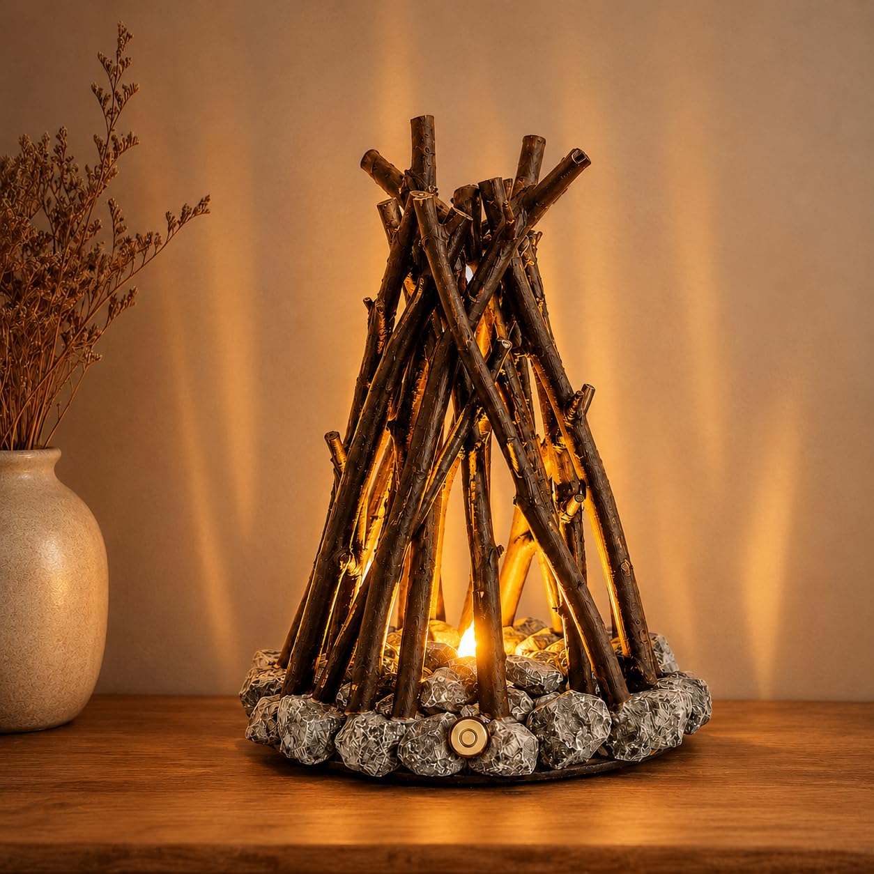 Wooden Campfire Night Light, LED Flame Lamp with Crackling Sound (L)