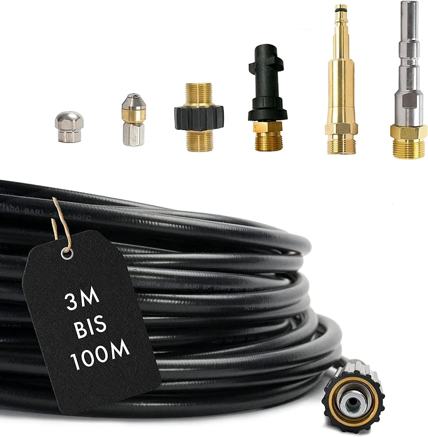 M&M Smartek kit limpieza tuberías 7 piezas 9 m para KEW, 160 bar, M22 | Kit desatascador con manguera, adaptadores y boquillas según variante; comprobar conexiones, presión, contenido y equipo.