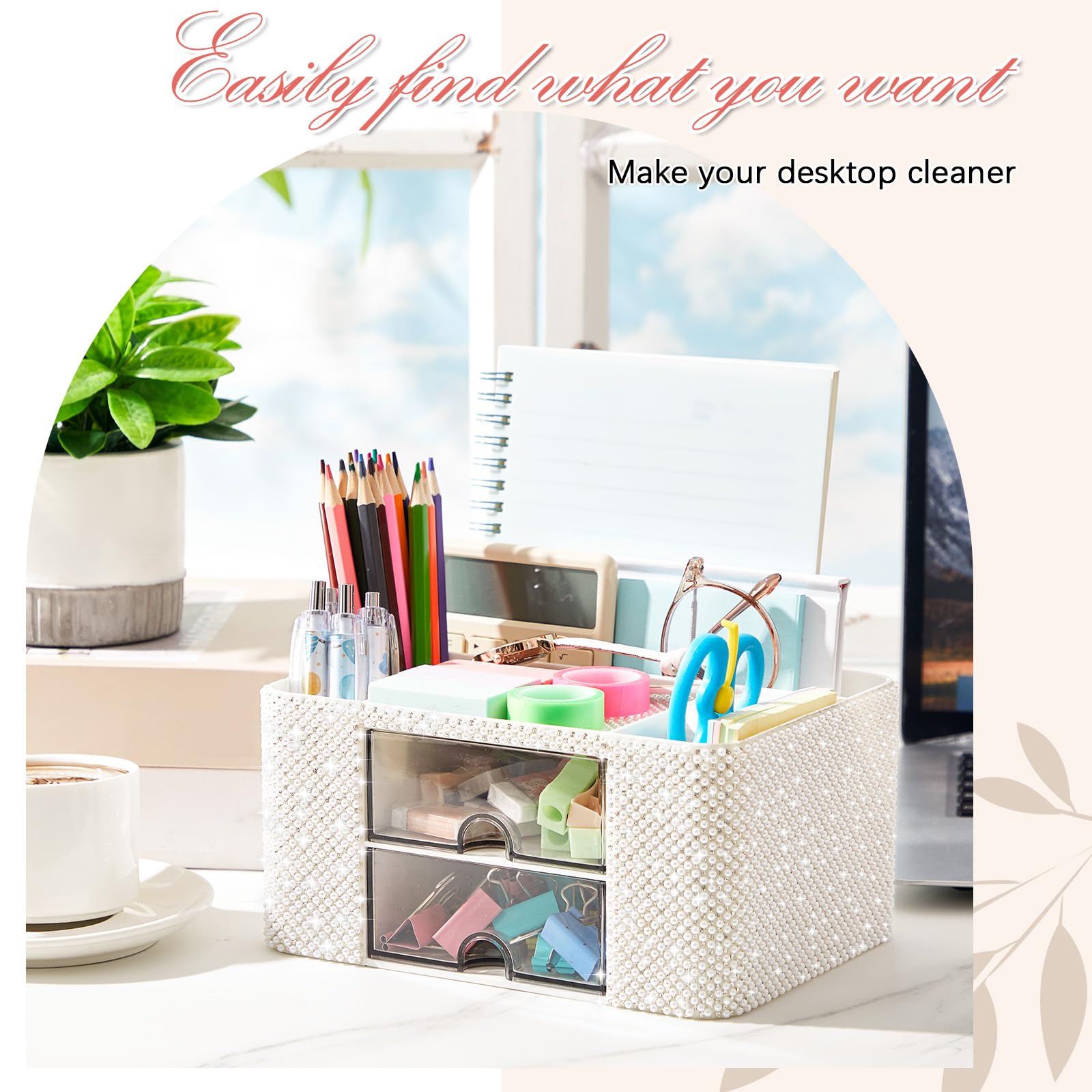 MotiMind Organizzatore da scrivania con 2 cassetti, decorazione per la stanza, regalo per adolescenti, ragazze, donne, compleanni, trucchi, per piano di lavoro, cura della pelle, scrivania, portapenne