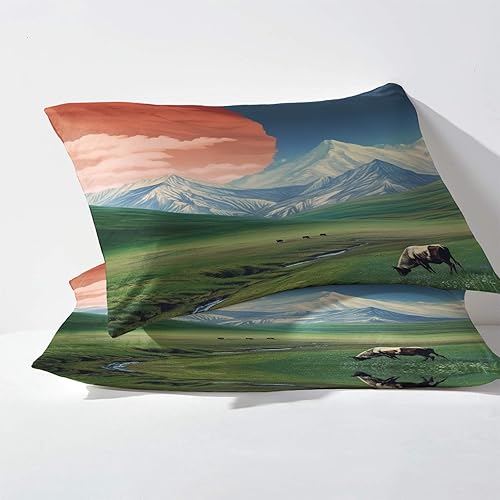 Miniatura 3 de Sábanas de paisaje tamaño Queen, sábanas de vaca de montaña, sábanas y fundas de almohada estampadas de 4 piezas, sábana bajera ajustable de