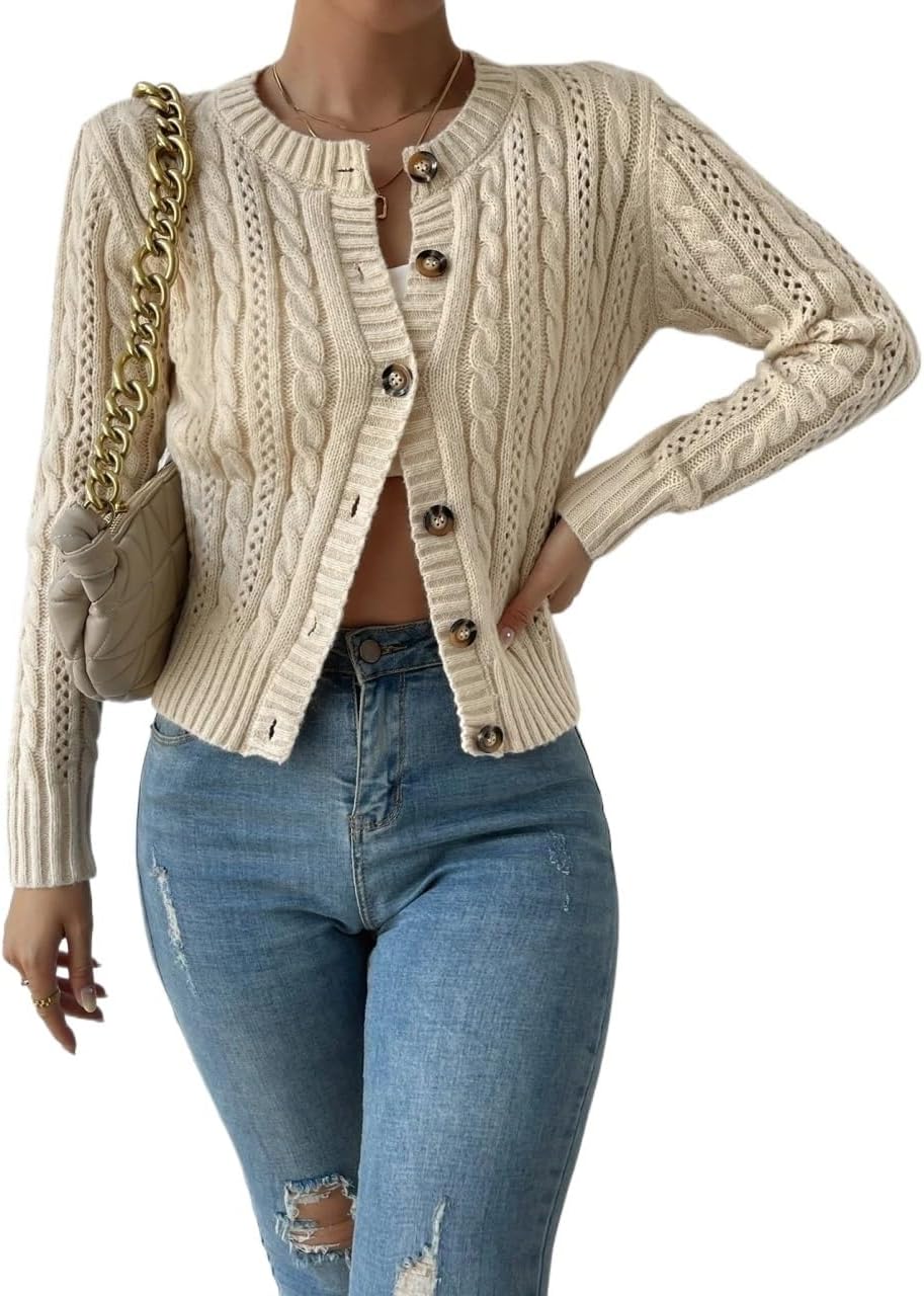 Women's Trench Coat Casual Knit Button Long Sleeve Round Neck Cardigan Classic Overcoat