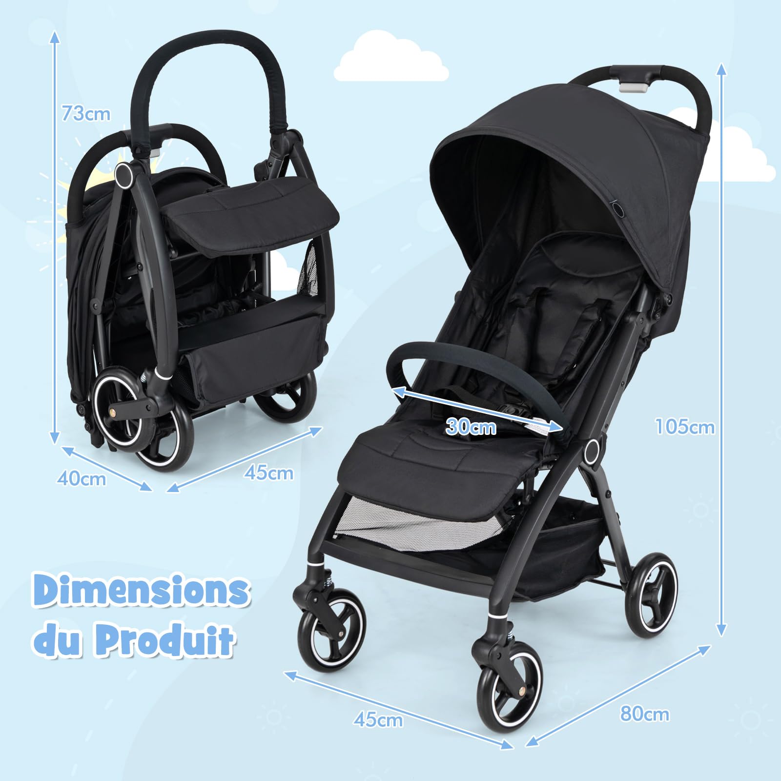 DREAMADE Poussette Canne, Légère 6,2 KG, 0-36 Mois, Poussette Ultra Compact Bébé Pliable à Une Main (Noir)