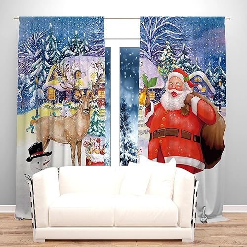 Miniatura 3 de Cortina de ventana de Navidad de invierno de 82 x 84 pulgadas, muñeco de nieve, Papá Noel, cervatillo, pinos, hogar, dormitorio, sala de estar,