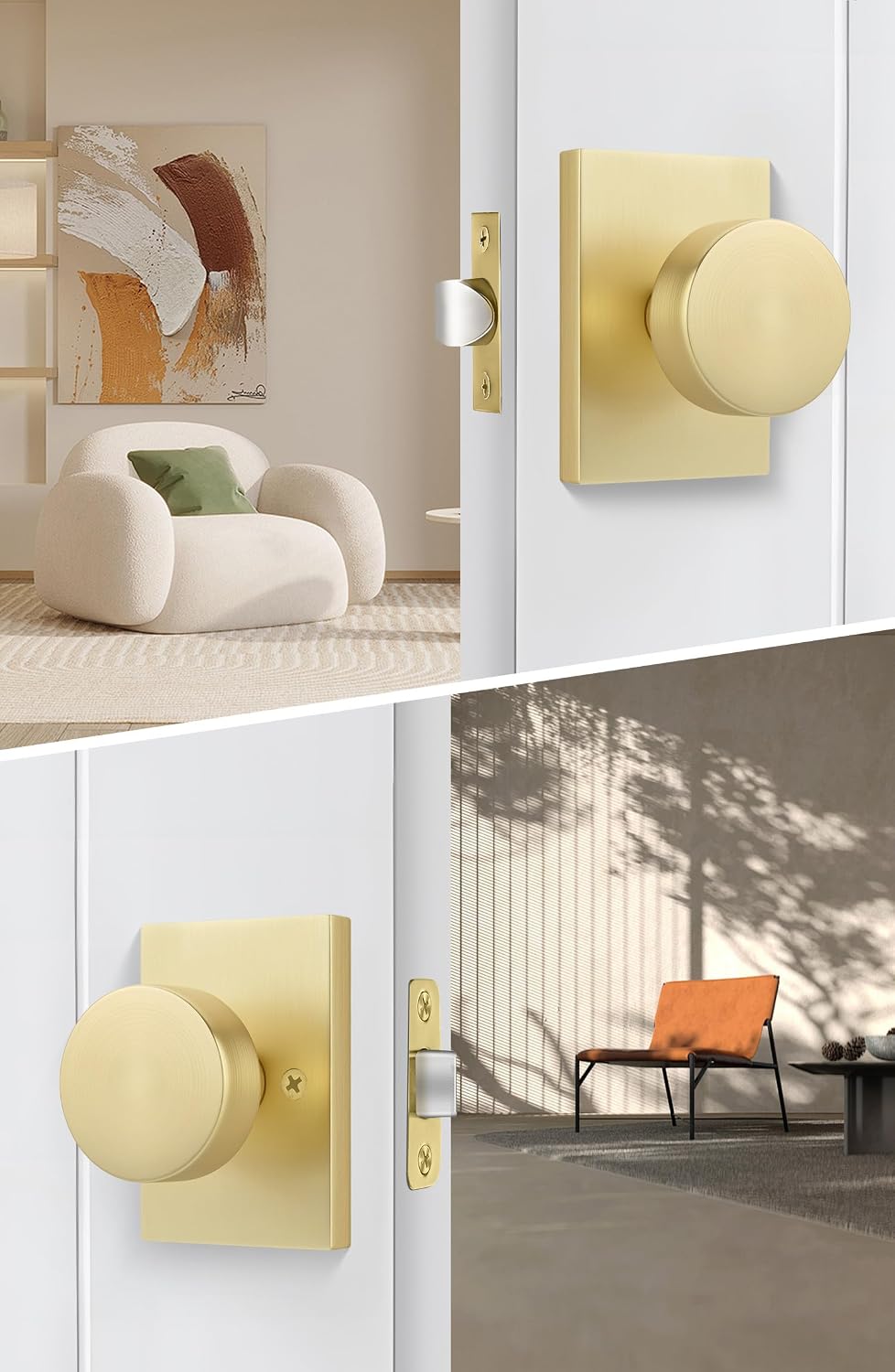 Goldenwarm Gold Closet Door Knob, Heavy Duty Brushed Gold Passage Door Knobs for for Hallway, Closet, Round Interior Door Knob, Zinc-Alloy Rectangle Rosette Indoor Doorknob (2 Pack)