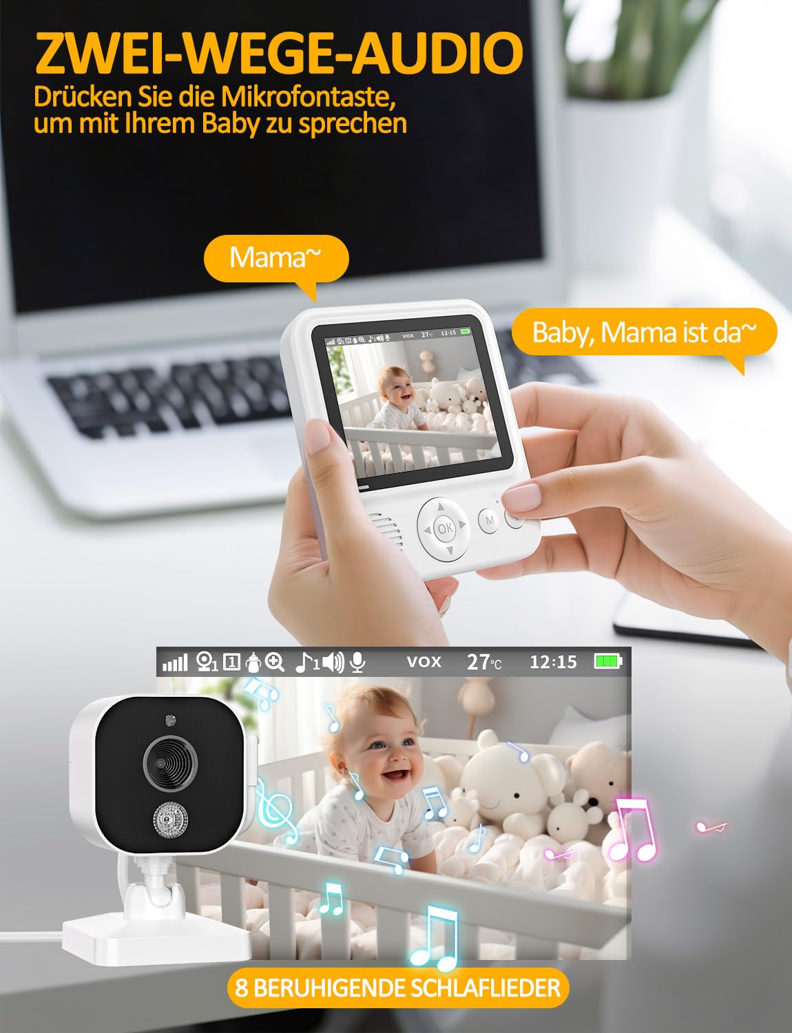 OBVHNUA Vigilabebés con Cámara 720p IPS, Monitor para Bebés 2,8" con Batería de 2000mAh, Zoom Digital, Modo VOX, Audio Bidireccional, Visión Nocturna, Control de Temperatura, Canciones de Cuna, Alarma