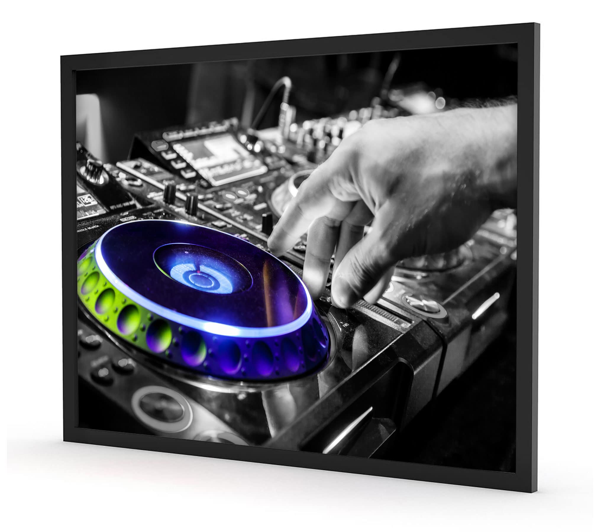 Poster in cornice per foto da DJ al lavoro sul piatto, 80 x 60 cm, stampa artistica incorniciata