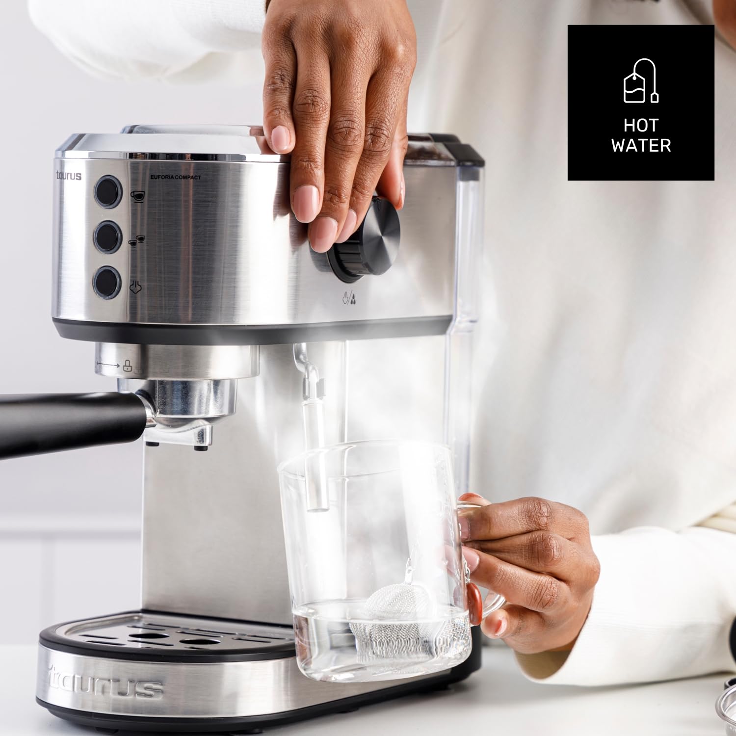 Taurus - Macchina da Caffè Espresso Euforia Compact 1350W | 20 Bar di Pressione | Sistema Thermoblock | Filtro Supreme Cream | Vaporizzatore Orientabile | Doppia Erogazione | Cucchiaio Dosatore