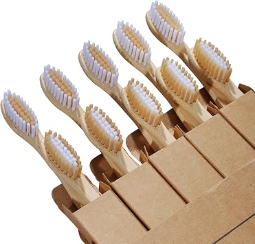Bamboo Toothbrushes 10 Count - BPA Free Medium Bristles, Compostable Natural Wooden Toothbrushes, Without Plastic, Eco-Conscious Packaging for Adults Brown and White, Moderate Length