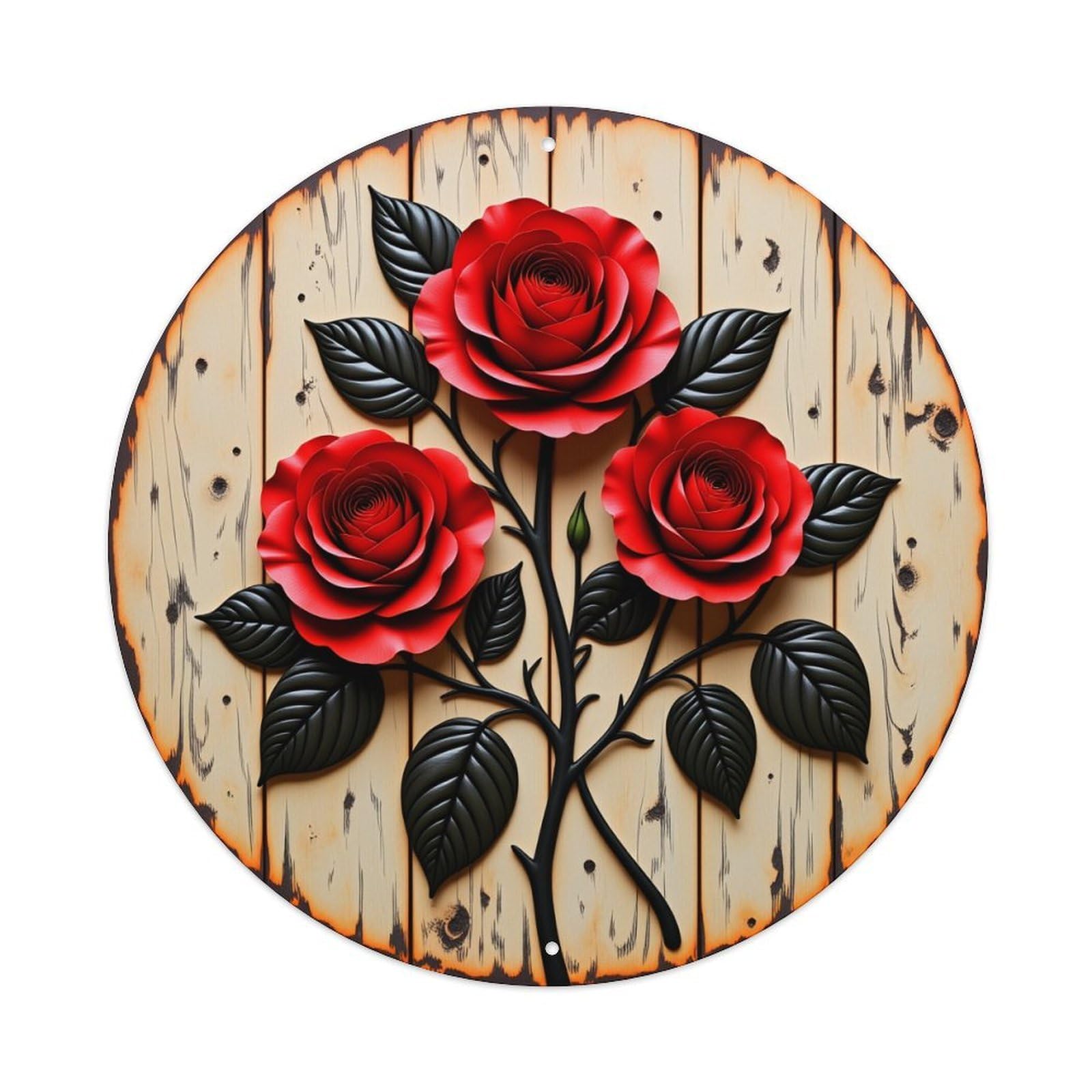 Red Roses On Wood Background Vintage Metal Tin Sign Retro Wall Decor for Home Bar Garage Cafe, Indoor & Outdoor Decorative，circle Metal Poster, 8x8 Inch