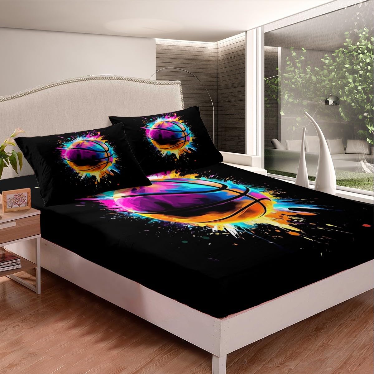 jejeloiu Basketball Fitted Sheet Twin Size Gaming Sports Bed Sheets Set for Kids Boys Girls Decor Gift for Basketball Lover Paint Splashes Bedding Set Breathable Soft Lightweight Bedroom Decor 3Pcs