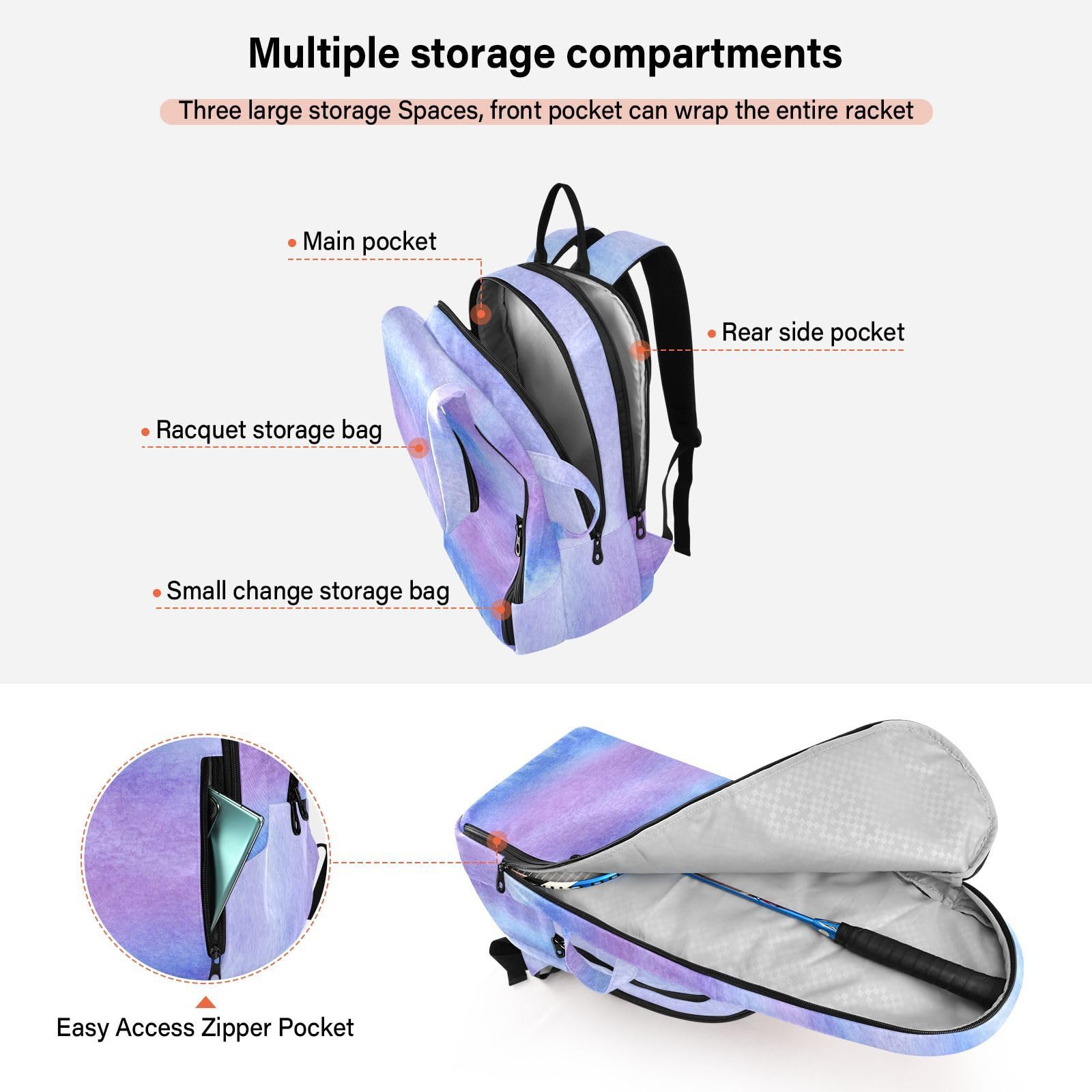Sac à Dos Raquette Foiosoh – 3 Raquettes, 3 Compartiments, 68x30x20cm, Polyester Imperméable, Pour Badminton, Tennis, Pickleball