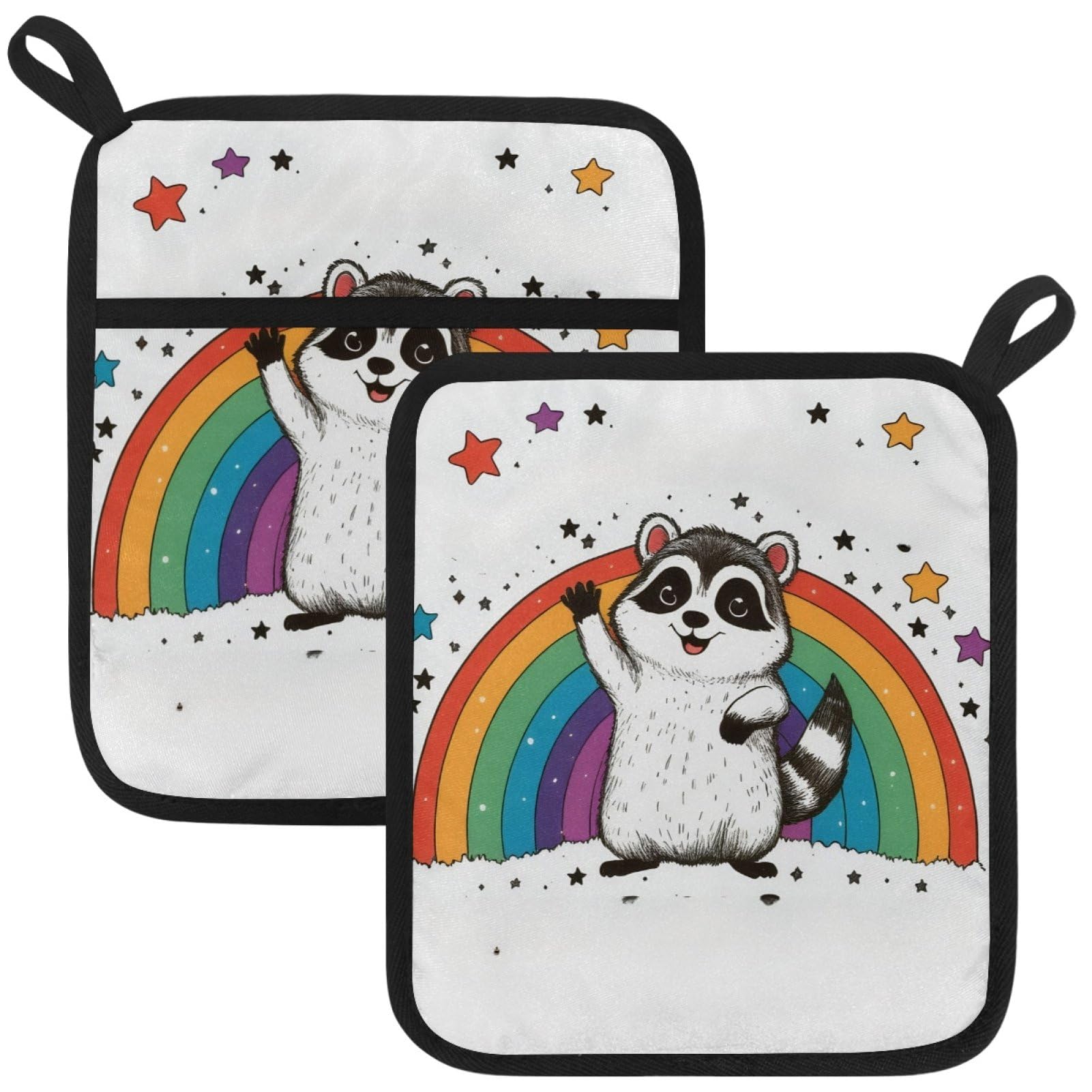 VAPOKF Rainbow Raccoon Pot Holders with Pocket for Kitchen Heat Resistant Potholders Large Polyester-Cotton Square Oven Mitts Set