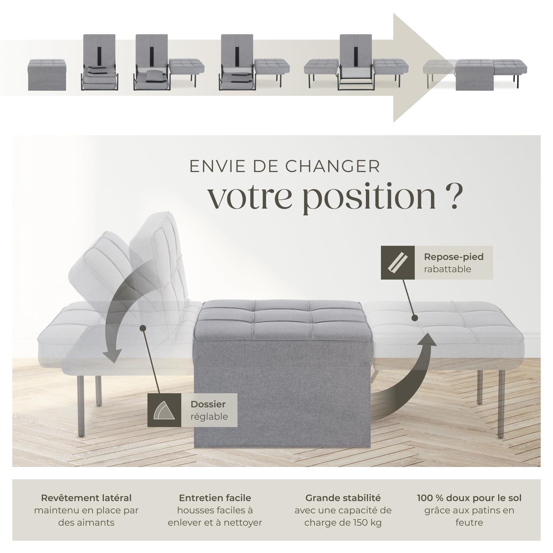tectake® Tabouret Repose Pied Pouf Salon modulable 4en1 Chaise Longue Fauteuil Lit 1 Personne jusqu'à 150 kg Design scandinave Cosy pour Coiffeuse, Salon, Chambre, Bureau