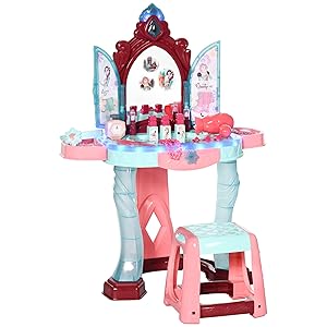 AIYAPLAY Tocador de Juguete para Niñas de +3 Años con Taburete Espejo Luz Música y Secador Incluye 31 Accesorios Tocador de Maquillaje 57x34x76 cm Multicolor