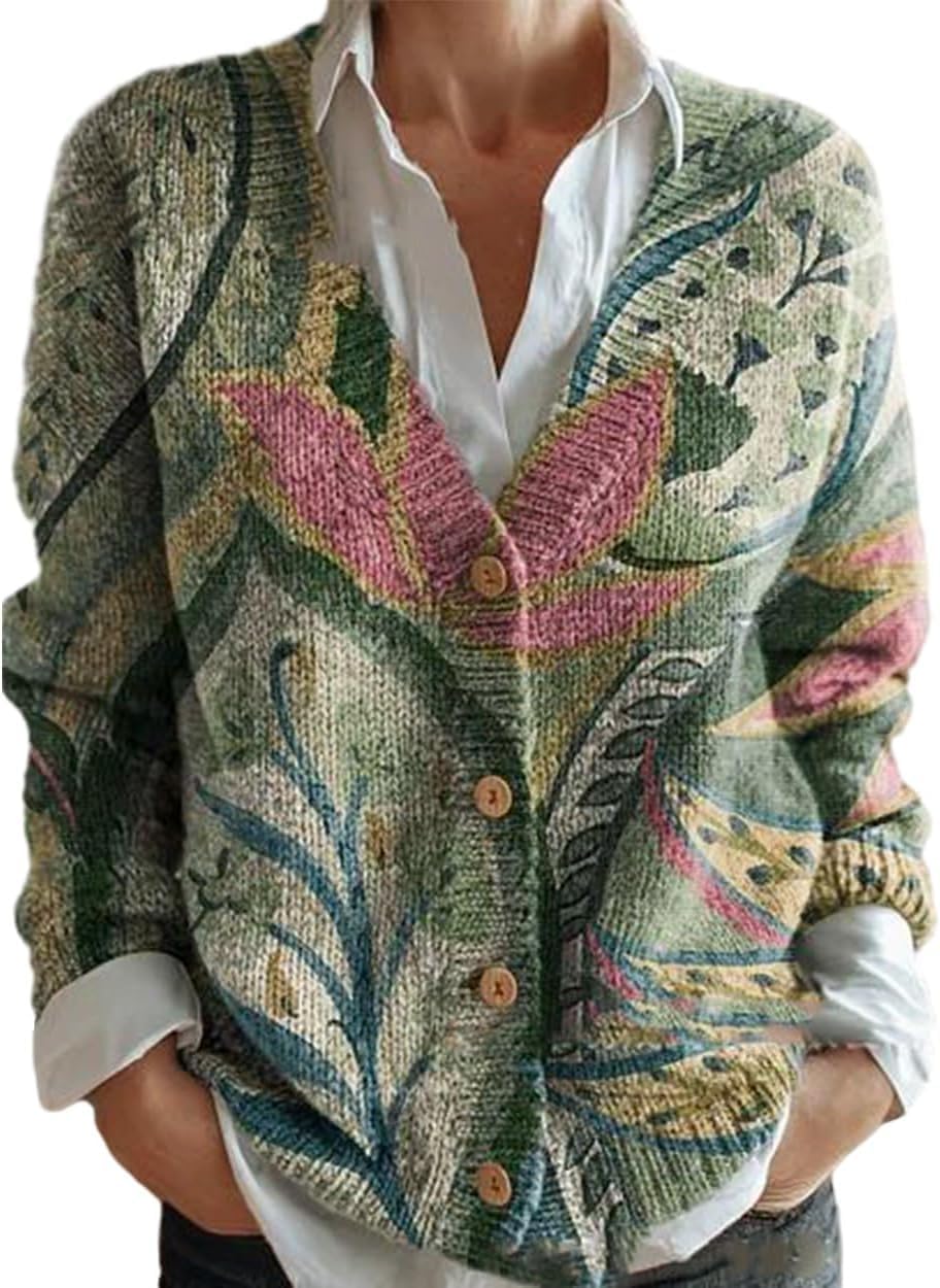Women's Lightweight Boho Floral Graphic Knit Cardigan Cute Spring Casual Loose Vintage Long Sleeve Button Down Coat