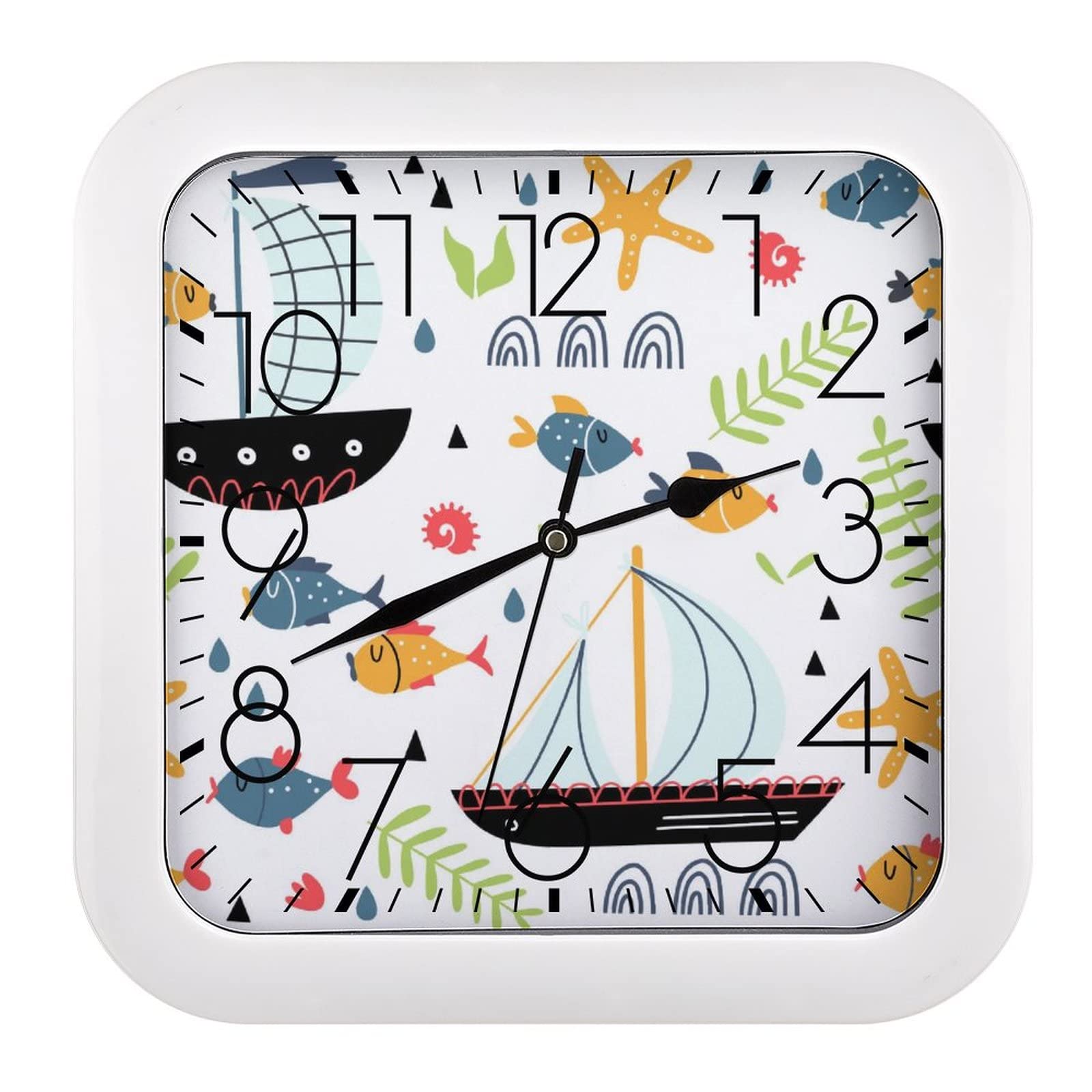 Horloge murale carrée bateaux poisson de 26x26cm avec grands chiffres