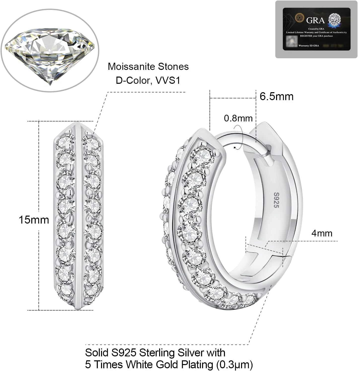 KRKC&CO Moissanite Hoops Earrings for Men, D Color, VVS1, S925 Sterling Silver, Gold Plated Hoops, Brilliant Round For Him, 𝐅𝐚𝐭𝐡𝐞𝐫𝐬 𝐃𝐚𝐲 𝐆𝐢𝐟𝐭 𝐟𝐨𝐫 𝐃𝐚𝐝 - Image 4