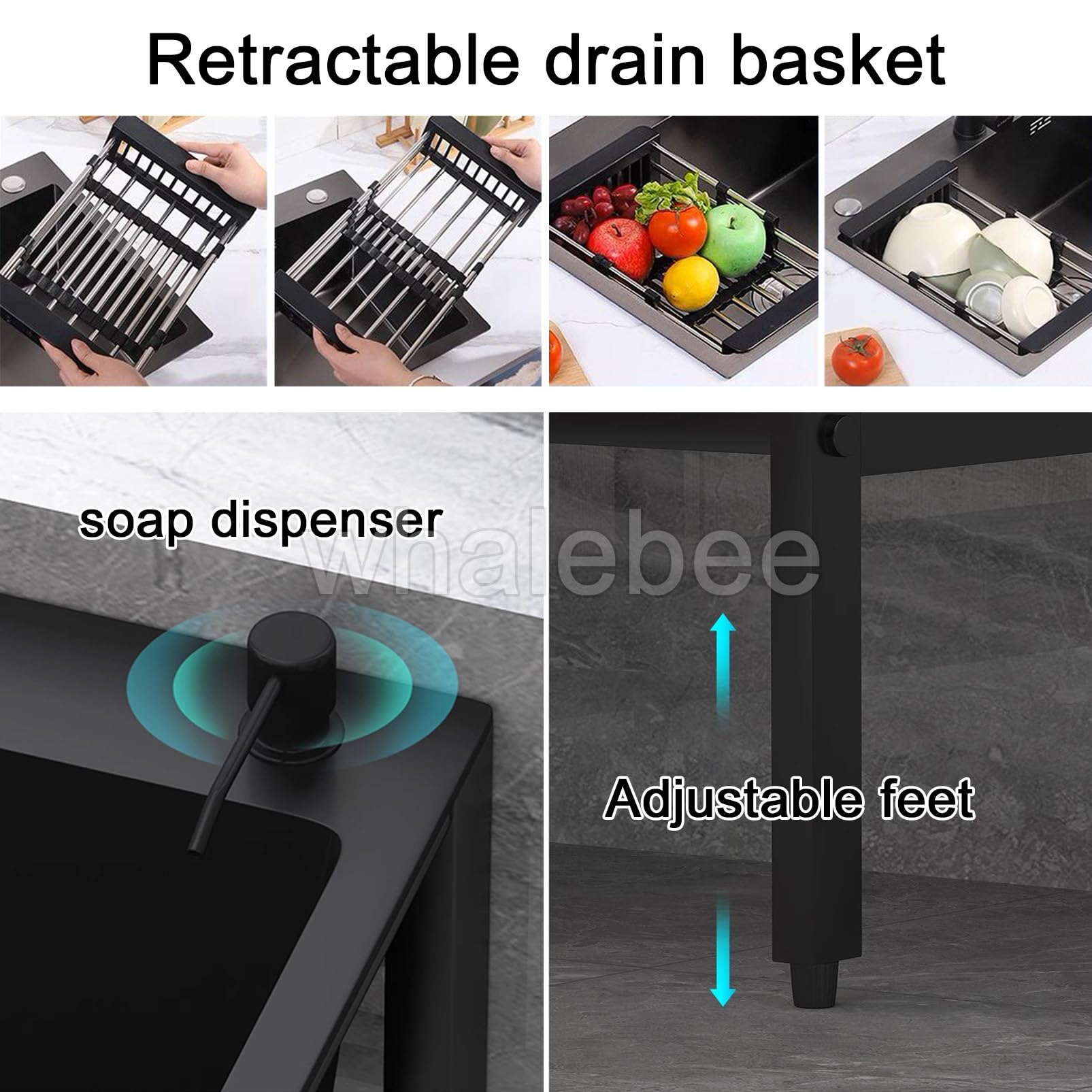 Outdoor Spülbecken Gartenspüle, Großes Edelstahlspülbecken Freistehendes Mit Lagerregal, Spülbecken Set Mit Wasserhahn Und Ablaufkorb Leicht Zu Reinigen Kitchen Sink Schwarz