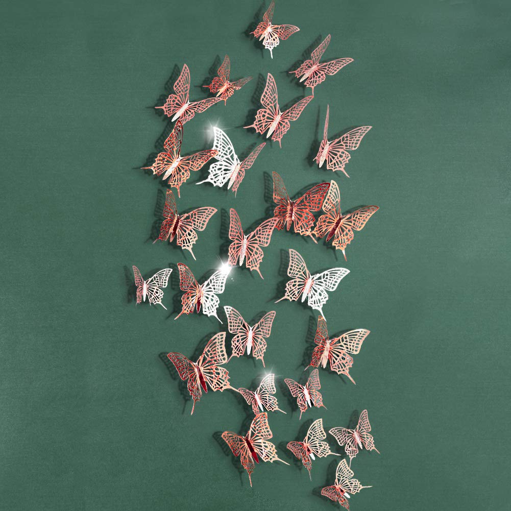 3D Rose Gold Butterfly Shining Metallic Glittering Paper Wall Decal Gadget Removable Mural Sticker for Living Room, Bedroom, Sun Room, Shop Window,Nursery, and as Decoration for Theme Party.
