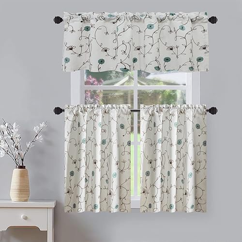 VOGOL Juego de cortinas de cocina bordadas con flores azules y cenefas, cortinas decorativas para cafetería, cortinas de 36 pulgadas de largo con