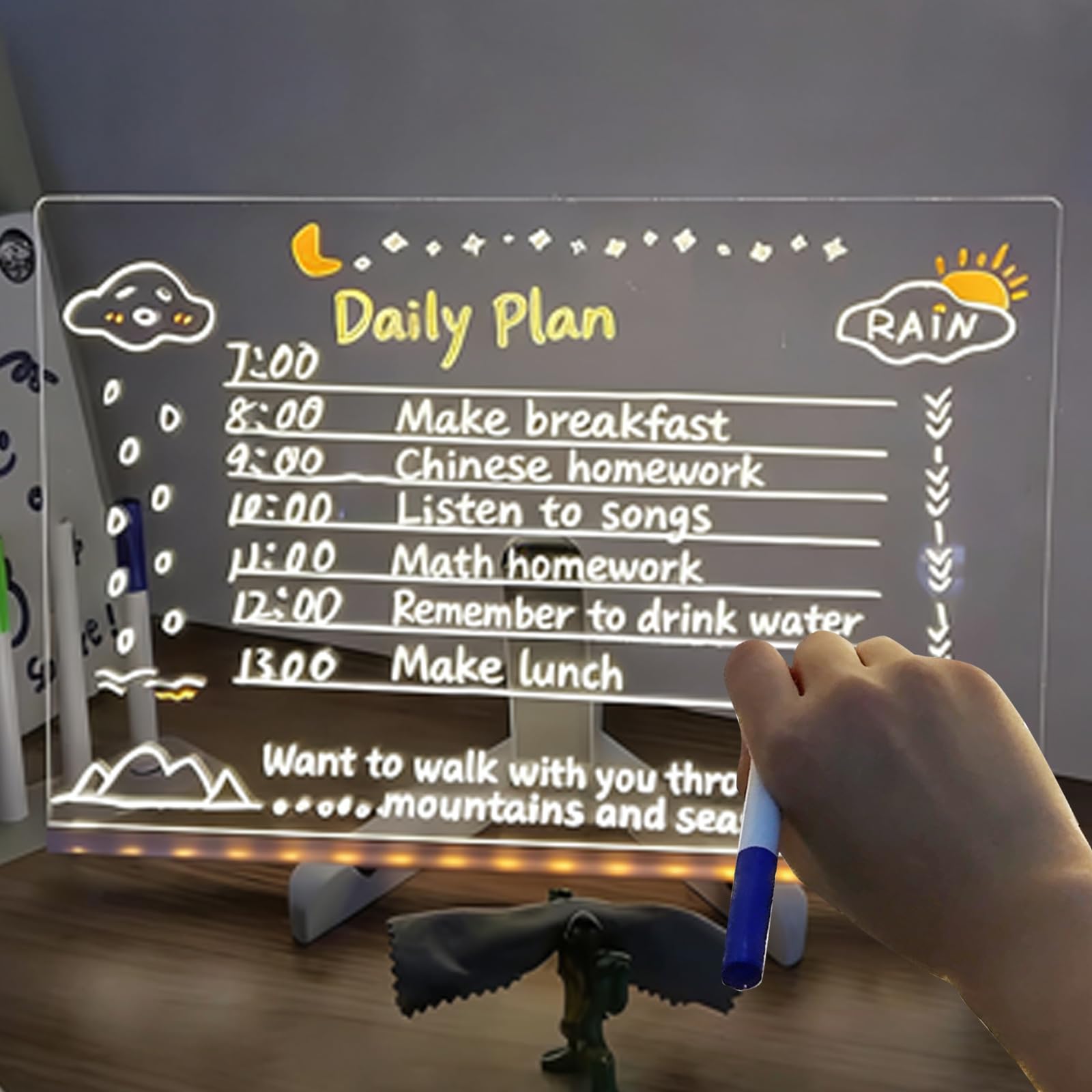 LED Zeichenbrett, Acryl Notiztafel mit 7 Farben Stift, Leuchtendes LED Zeichenbrett Maltafel Schreibtafel Abwischbar mit Ständer für Kreatives Geschenk Ladenstände Schreibtisch 30x20CM