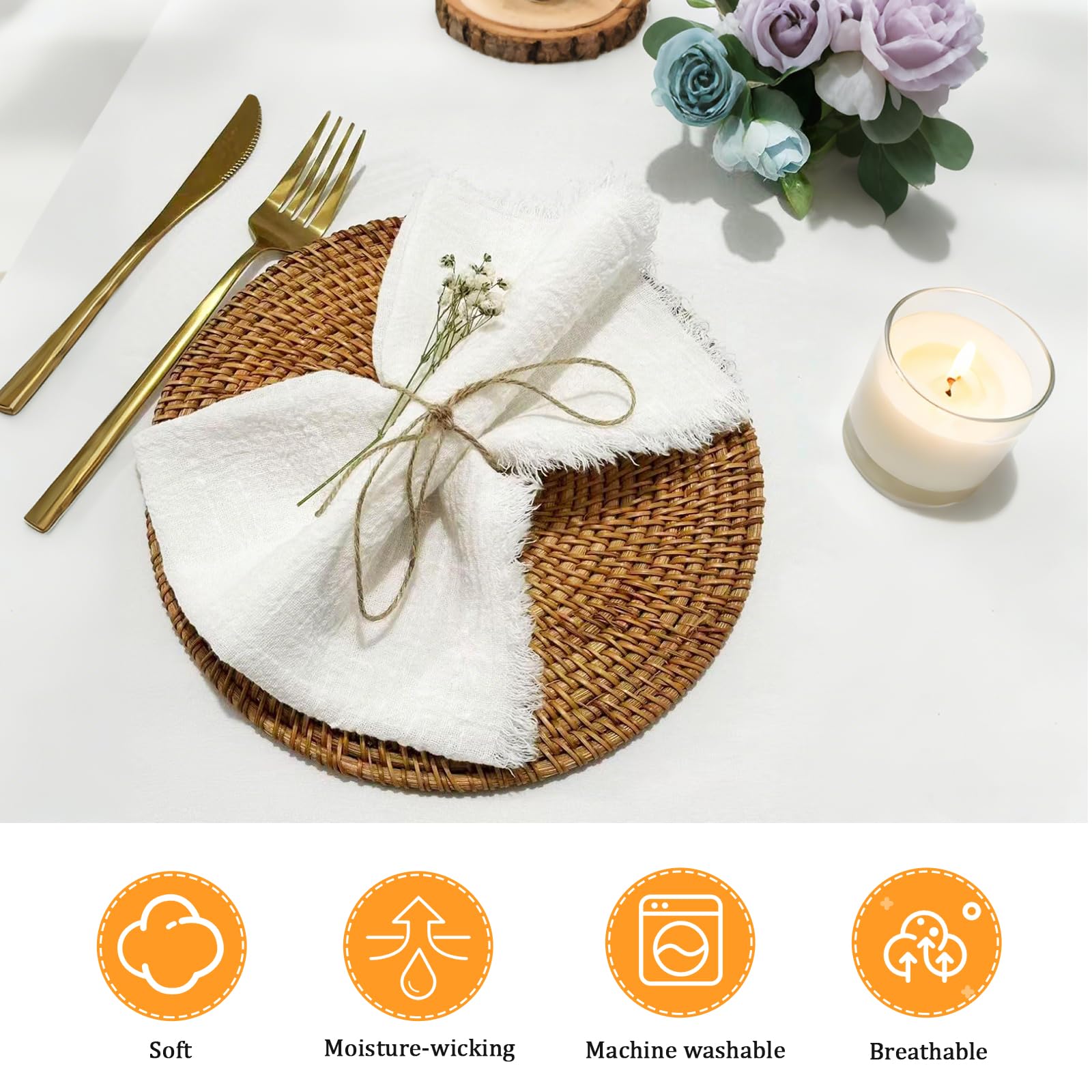 12 servilletas de tela con flecos, 32 x 32 cm, servilletas de lino de algodón, servilletas de lino blanco, para decoración de mesa, boda, cena