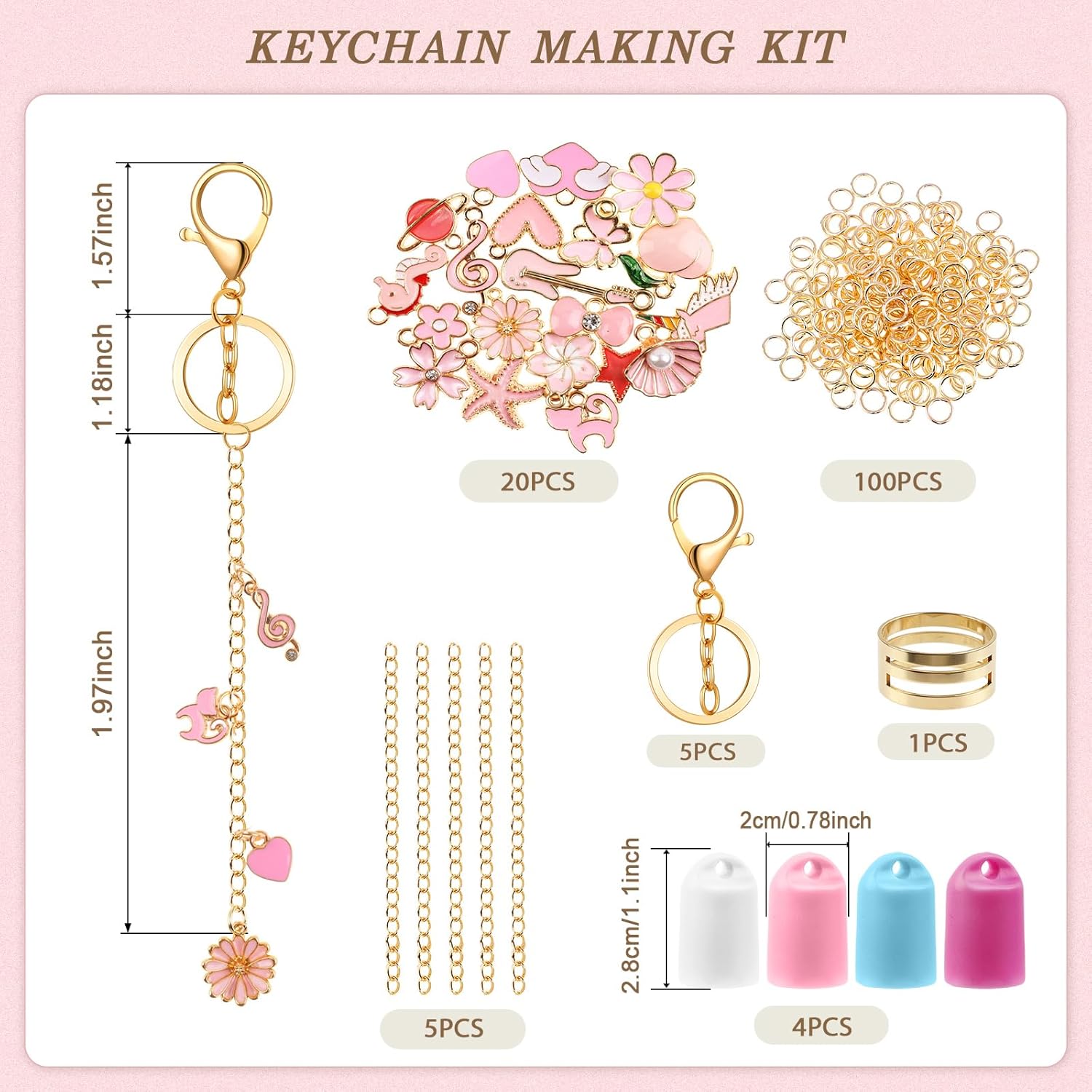 Pengxiaomei 135 Pcs Pink DIY Keychain Making Kit, 4 Pcs Lip Gloss Keychains Cap for Summer Fridays Bag Charm Kit with Pink Ornaments Jewelry Accessory Galentines Day Gifts - Image 2