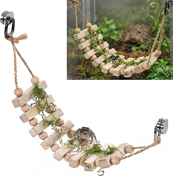 Jumping Spider Enclosure Accessories Magnetic Jumping Spider Rope Bridge with Artificial Moss Handmade Rectangular Solid Wood Suspension Bridge Natural Wood Color