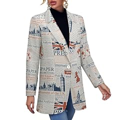 UK Or London Newspaper Blazers for Women Fashion Business Casual Office Elegant Jacket Coat with Pockets